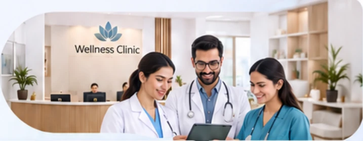 Clinic owner and two associates reviewing a tablet at the wellness clinic reception