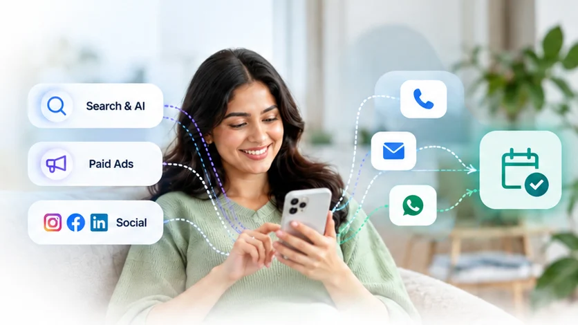 Patient booking on her phone: search and AI, paid ads and social media lead to phone, email and WhatsApp, then to a confirmed booking