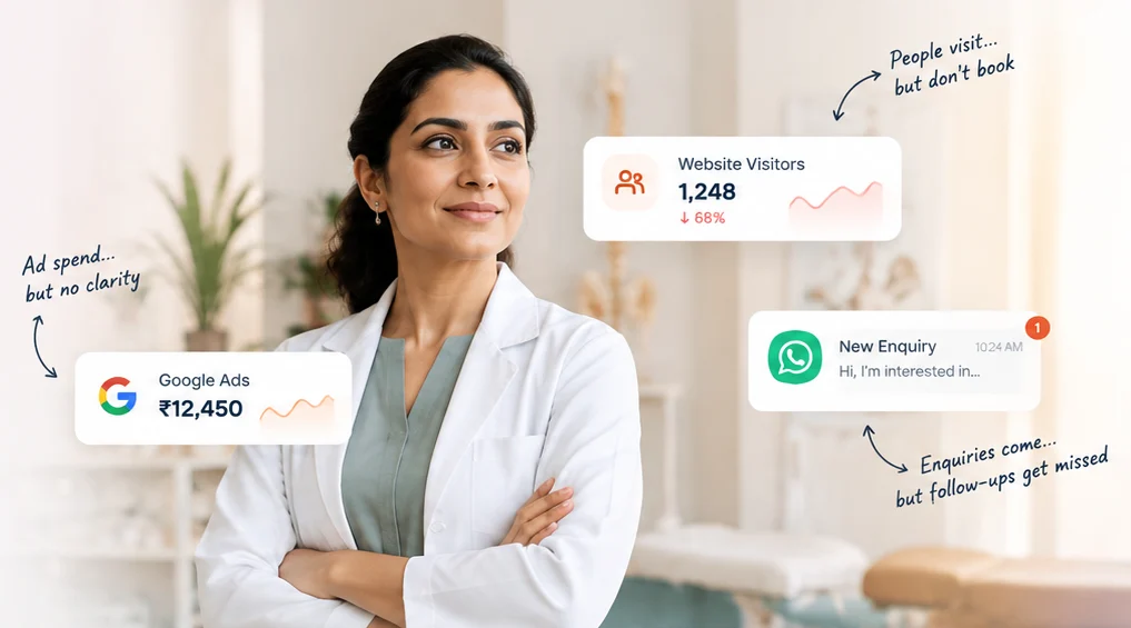 Practitioner in her clinic, with what goes wrong online: ad spend without clarity, website visitors who don’t book, enquiries that aren’t followed up