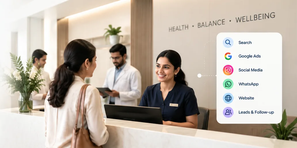 Patient greeted at a wellness clinic reception, with the channels that bring patients in: search, Google Ads, social media, WhatsApp, website, leads and follow-up