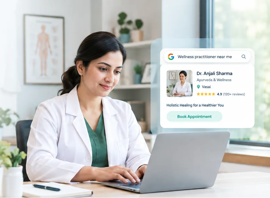 Ayurveda practitioner at her laptop, with her clinic showing in a Google search for a wellness practitioner near me