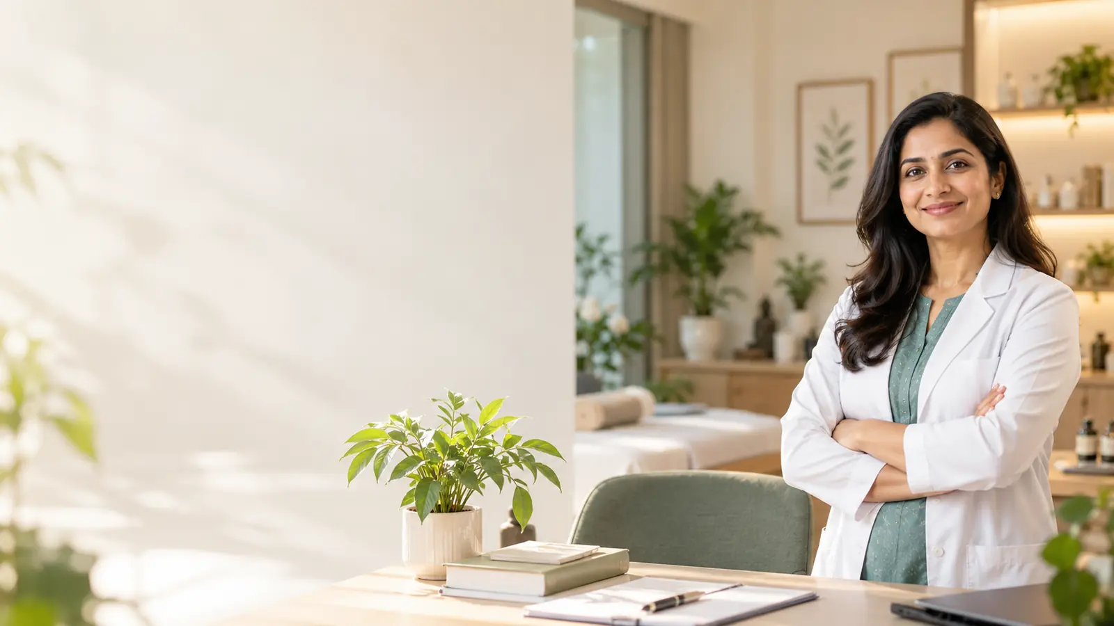 A smiling wellness doctor with folded arms in a calm, plant-filled clinic