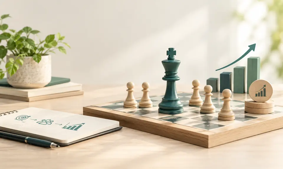 Chess pieces beside a rising bar chart on a wooden desk, representing acquisition strategy