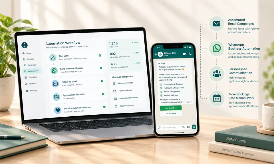 An email and WhatsApp follow-up workflow shown on a laptop and a phone
