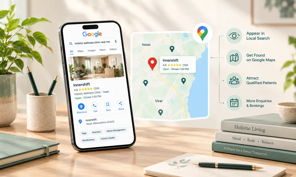 A phone showing a local Google search result and a map listing for a wellness clinic