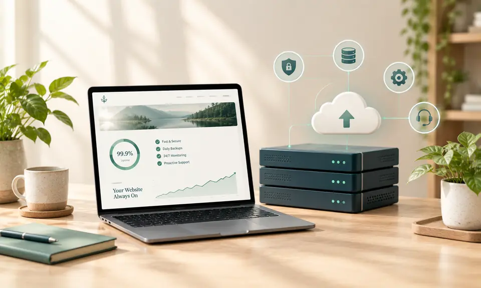 A laptop showing a website dashboard next to server hardware with security and backup icons