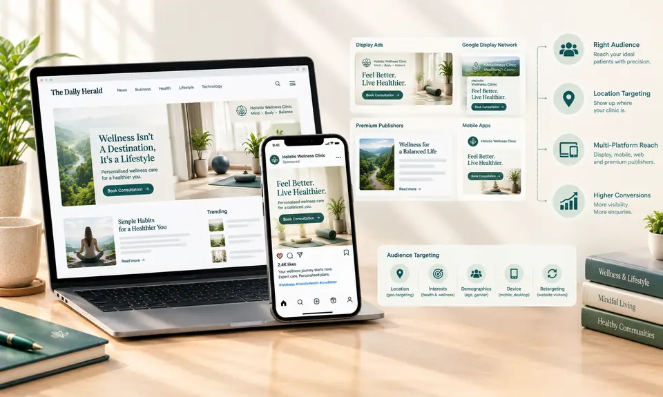 Wellness display ads shown across a news website, a phone and mobile app placements