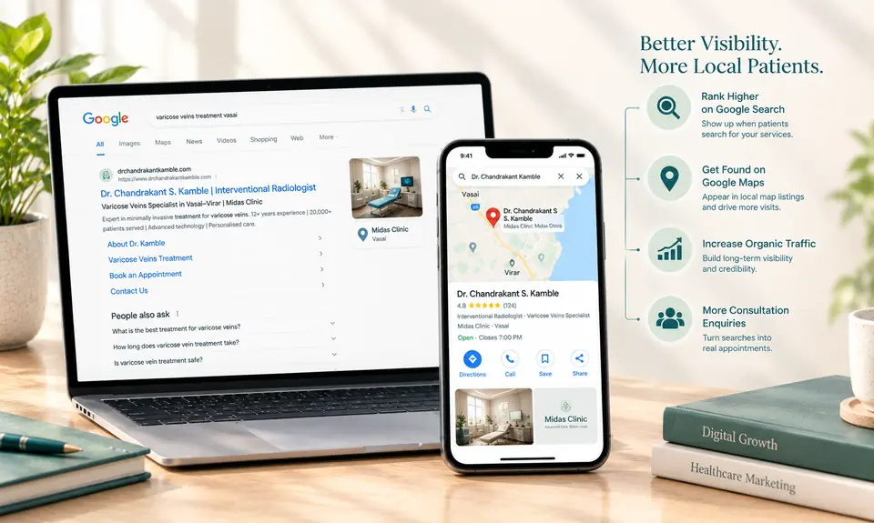 A search results page and a map listing for a clinic displayed on a laptop and a phone