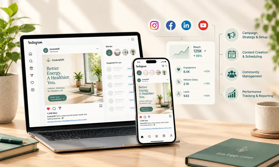 Instagram feed for a wellness brand on a laptop and phone, with campaign planning icons