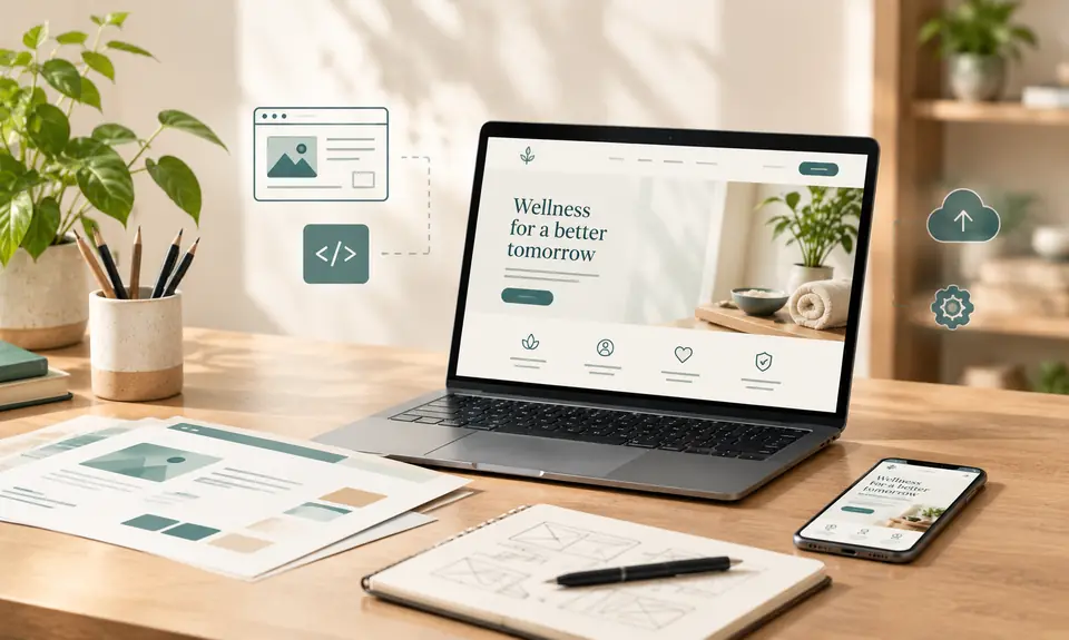 A laptop and phone showing a calm wellness website design, with wireframe sketches on the desk