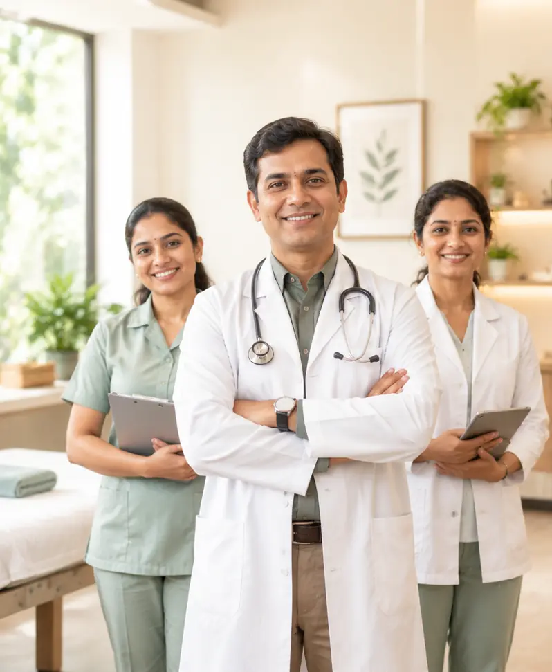 A clinic team of a doctor and two healthcare colleagues standing together in a bright clinic