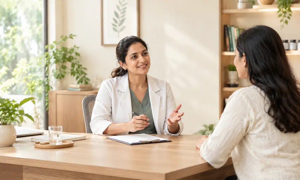A wellness practitioner in a white coat listening to a client during a consultation
