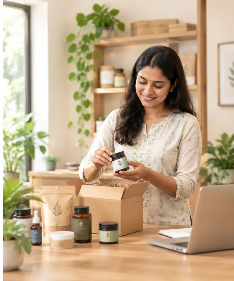 A wellness brand owner packing natural product jars into a shipping box beside a laptop