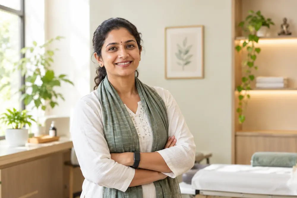 A confident wellness practitioner in a sage scarf standing in her treatment room